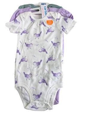 Carter's 3 Pc Set 24 Months Bodysuits Purple Lt Green Birds Flowers